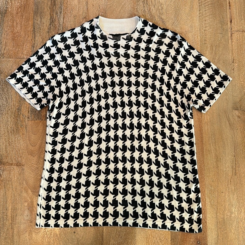AUGUST SILK • Ribbed Knit Houndstooth Top • 100% SILK • Size Large